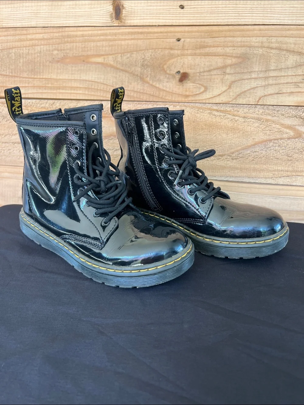 Dr. Martens Kids Black Patent Lace-Up Zip Combat Boots with Yellow Stitching